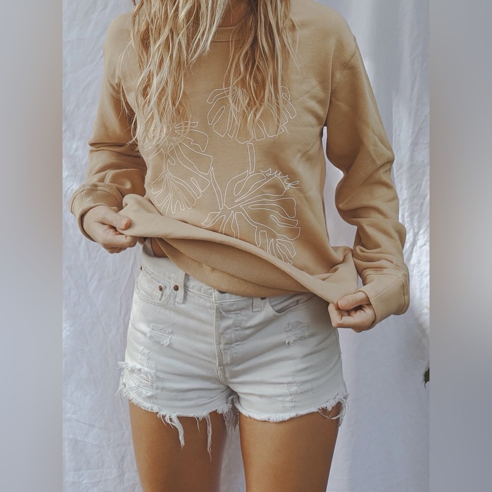 Post Surf Collective Oversized Monstera Cotton Terry Back Sweatshirt in Sand L